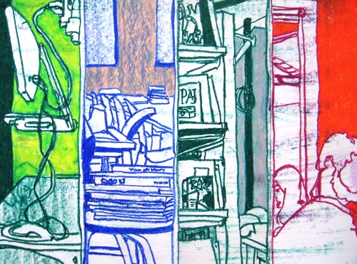 After Work at the Library;
Oil Pastel and Paintstick/Paper, 2014;
18 x 24 in. After Work at the Library;
Oil Pastel and Paintstick/Paper, 2014;
18 x 24 in.